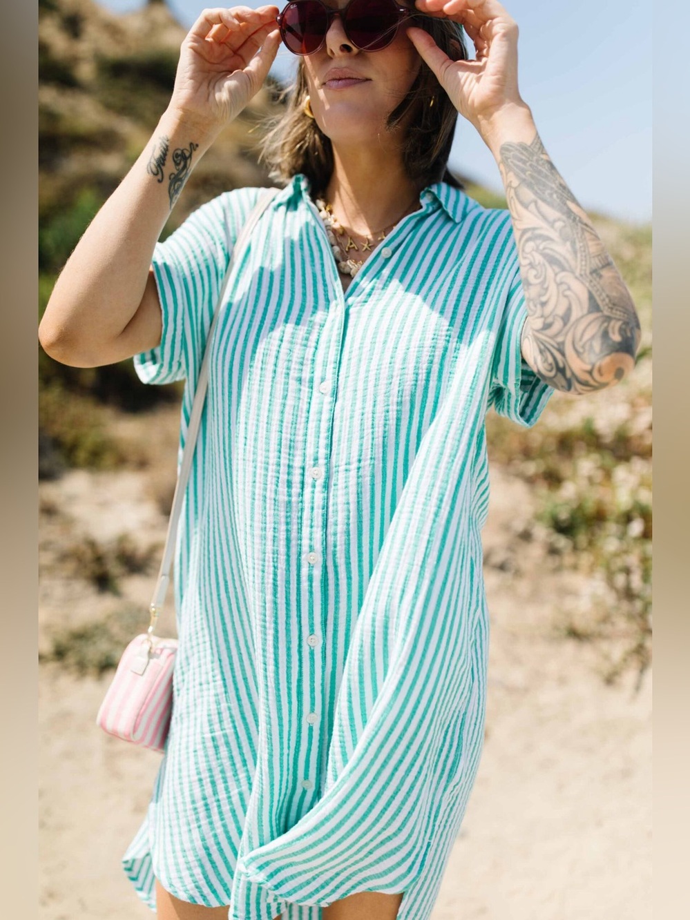Universal Thread Striped Button-Front Shirt Dress - Green/White